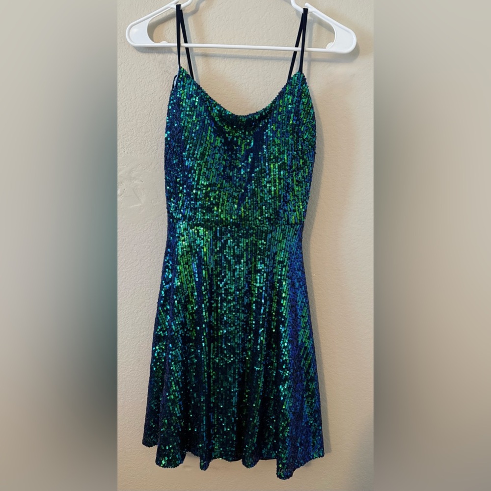 Morgan & Co. Blue and Green Sequin Spaghetti-Strap Mini Dress